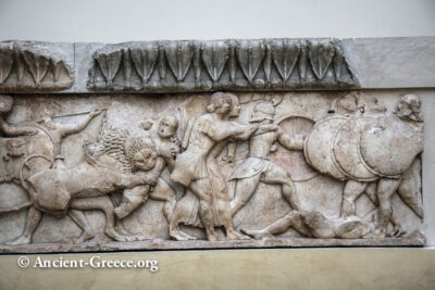 Fighting scene with lion biting a giant