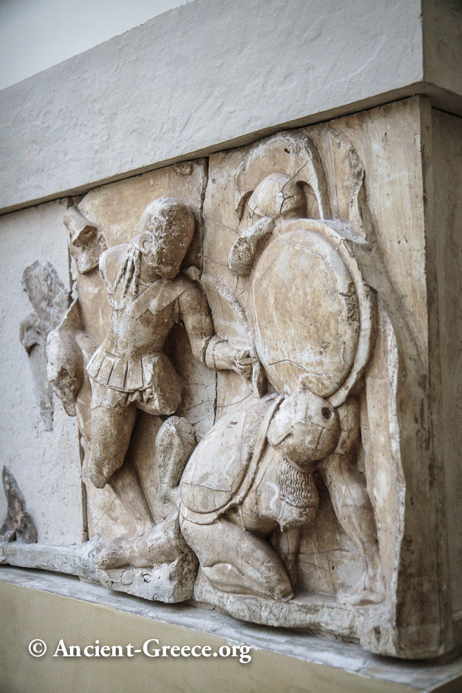 Detail of sculptures from the north frieze. Warriors fighting.