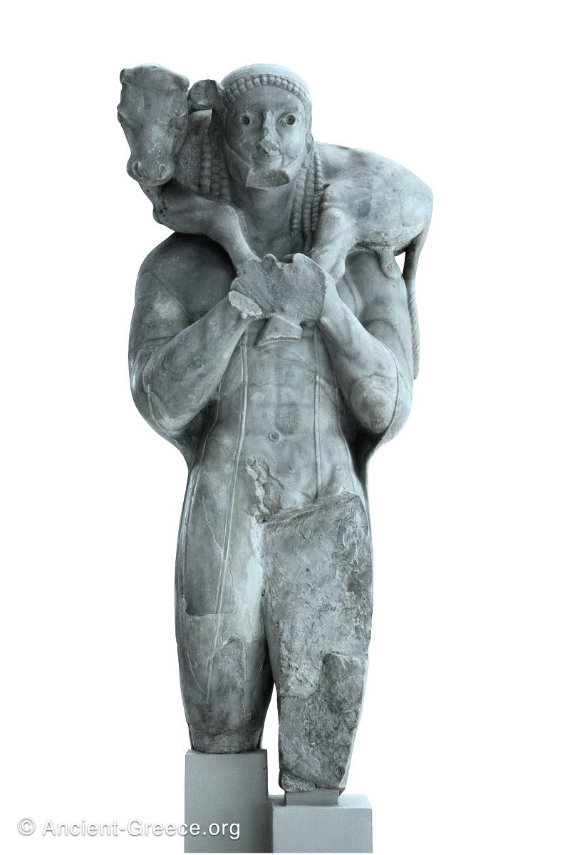 Moschophoros (The calf-bearer) statue with man calf on his shoulders