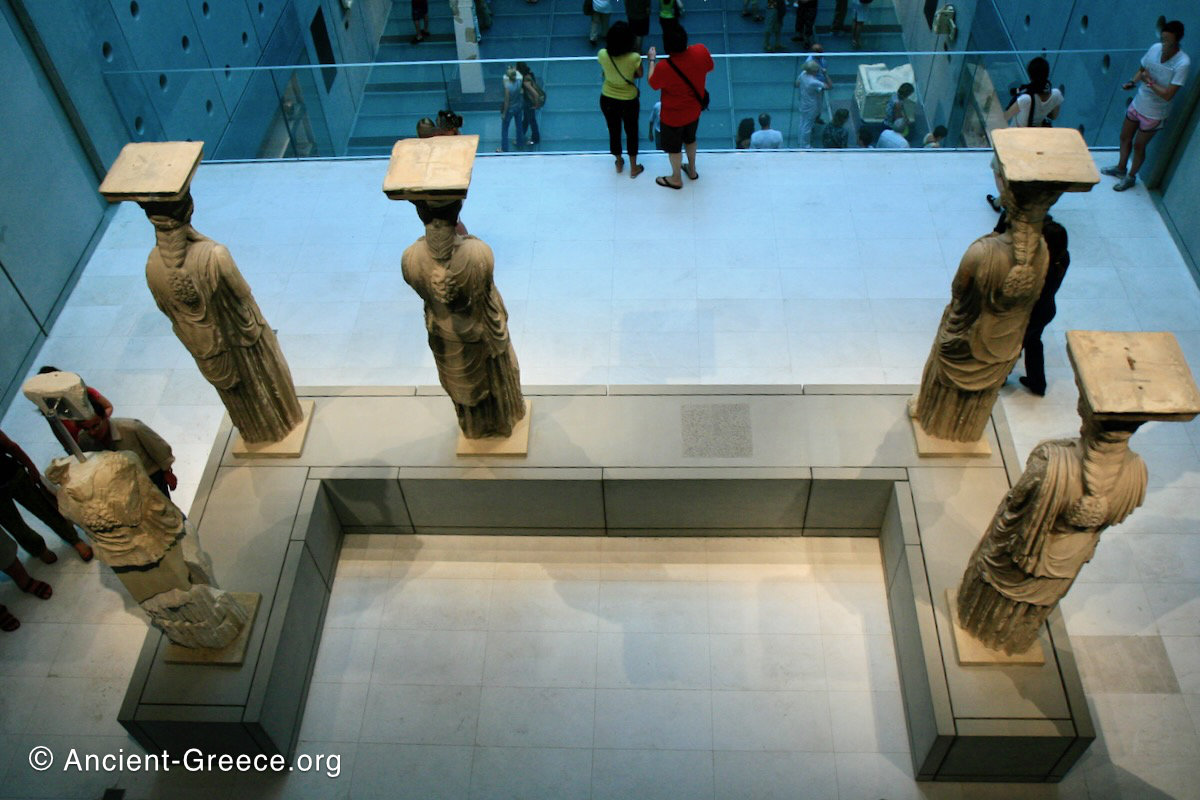 The original Caryatids (Caryatides) statues from the Erechtheion. View from above.