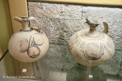 Two beaked jugs (ewer) with spiral decorations