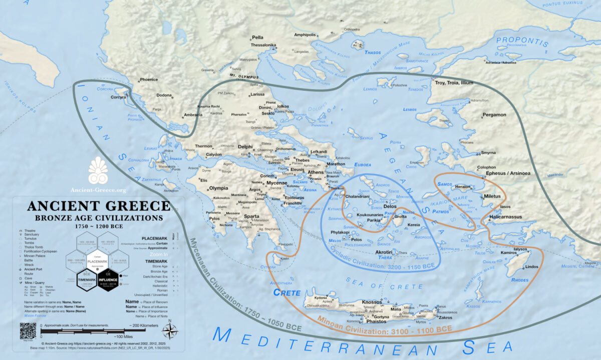 Ancient Greece Bronze Age Civilizations 3000 - 1000 BCE. Relief map.