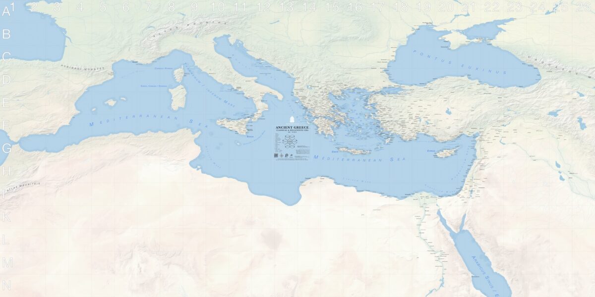 Ancient Greece Map - Classical and Hellenistic Eras 480-30 BCE relief map. Mediterranean, Pontus, Egypt, Mesopotamia.