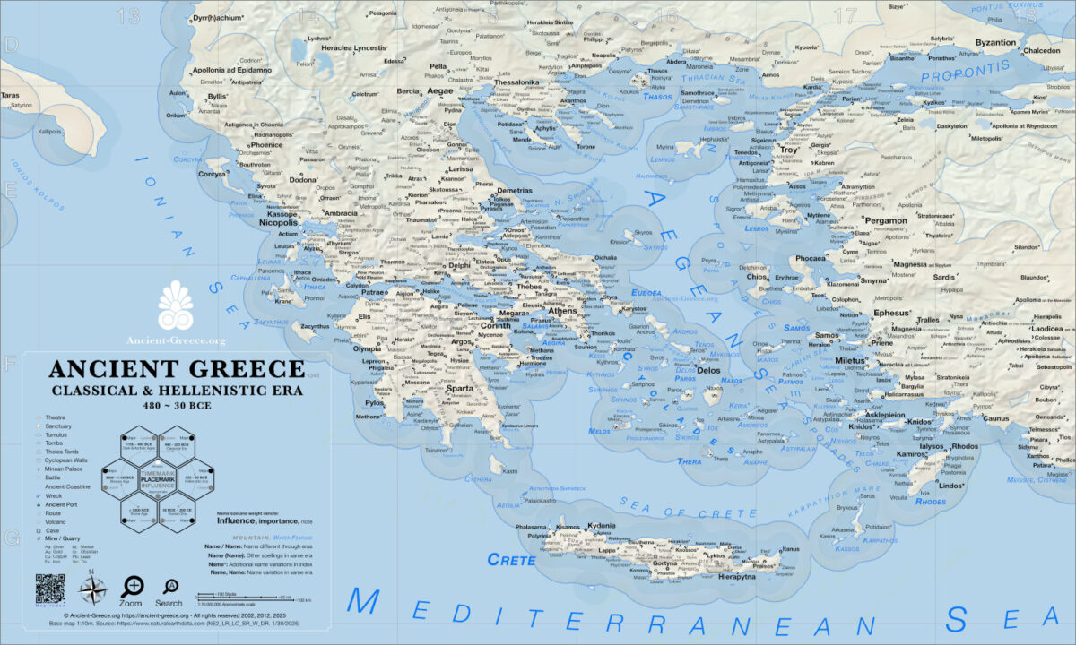 Ancient Greece Map - Classical and Hellenistic Eras 480-30 BCE relief map.