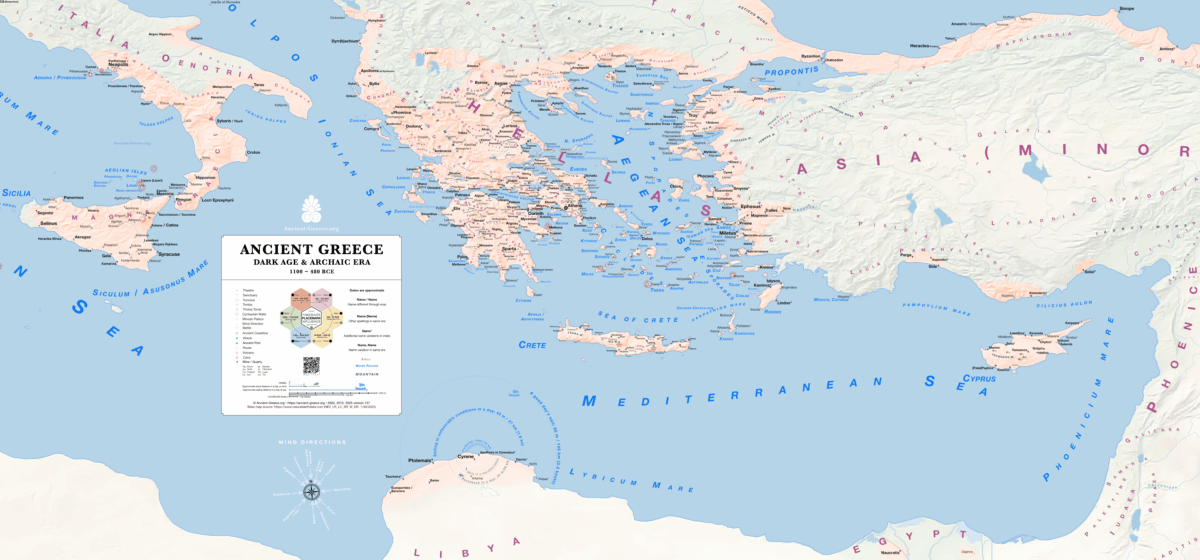 Ancient Greece Map Dark and Archaic Era 1100 to 480 BCE.