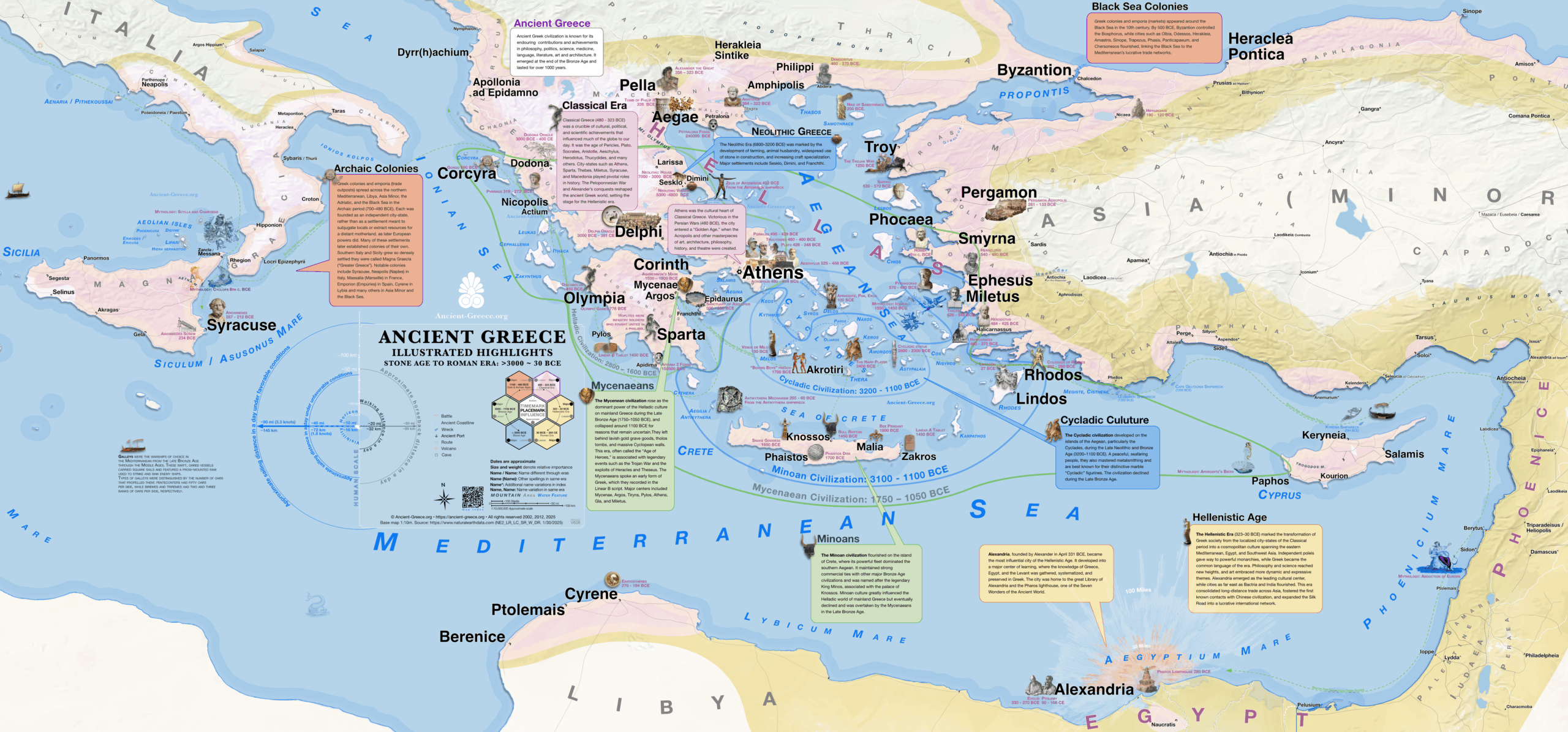 Ancient Greece Map - Illustrated Highlights - pre3000 to 30 BCE