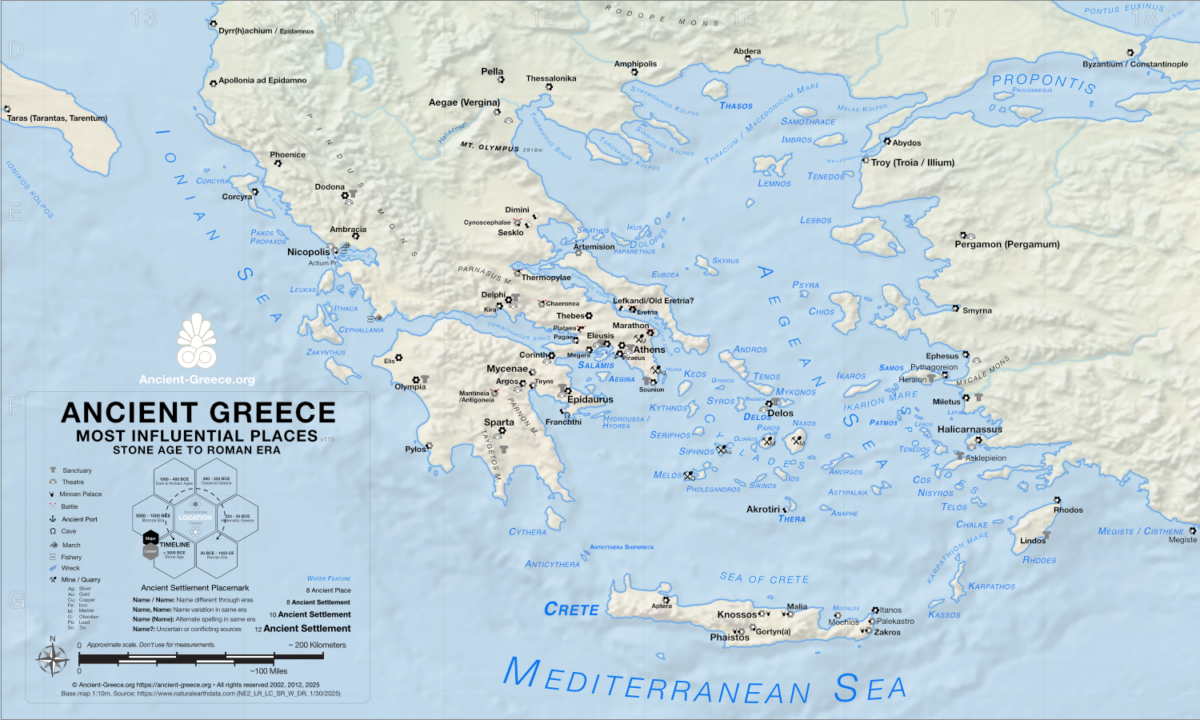 relief Map showing the most influential places of Ancient Greece, from Stone Age to the Roman Era.