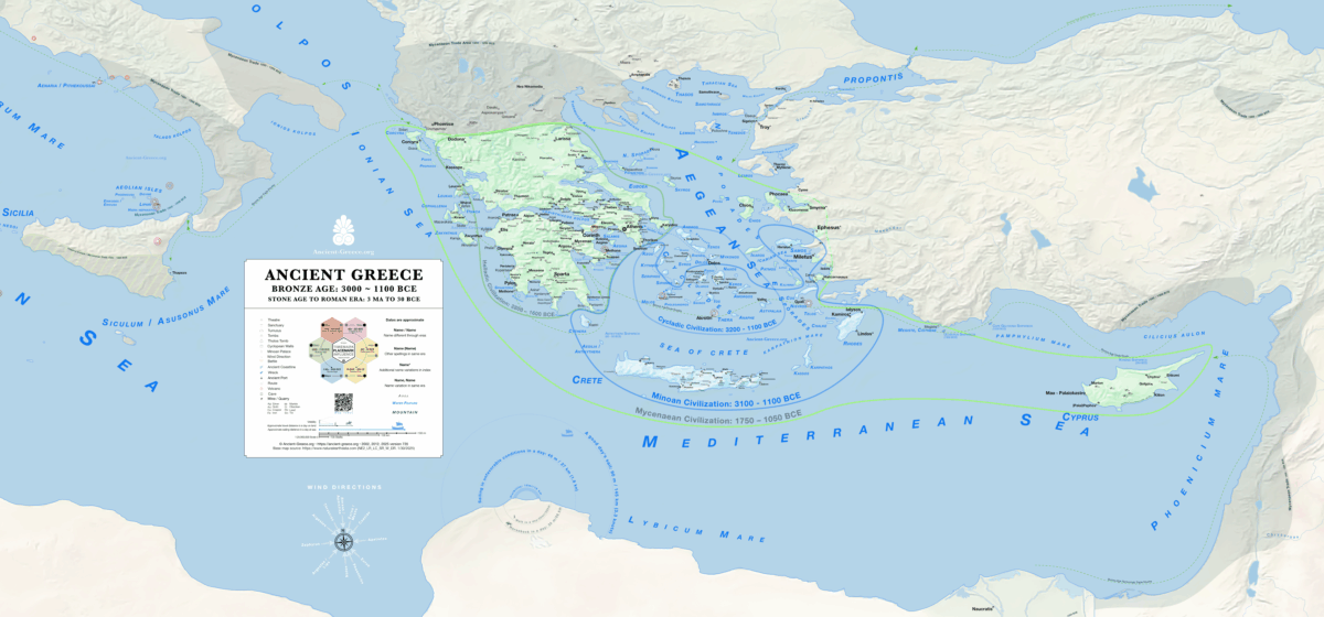 Ancient Greece Map. Stone and Bronze Age. 3 MA to 1100 BCE.