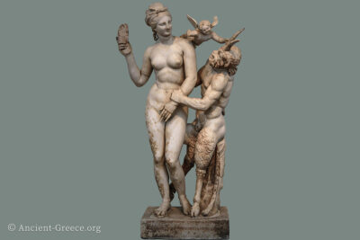 Statue of Aphrodite swatting Pan with her sandal while Eros is holding one of Pan's horns.