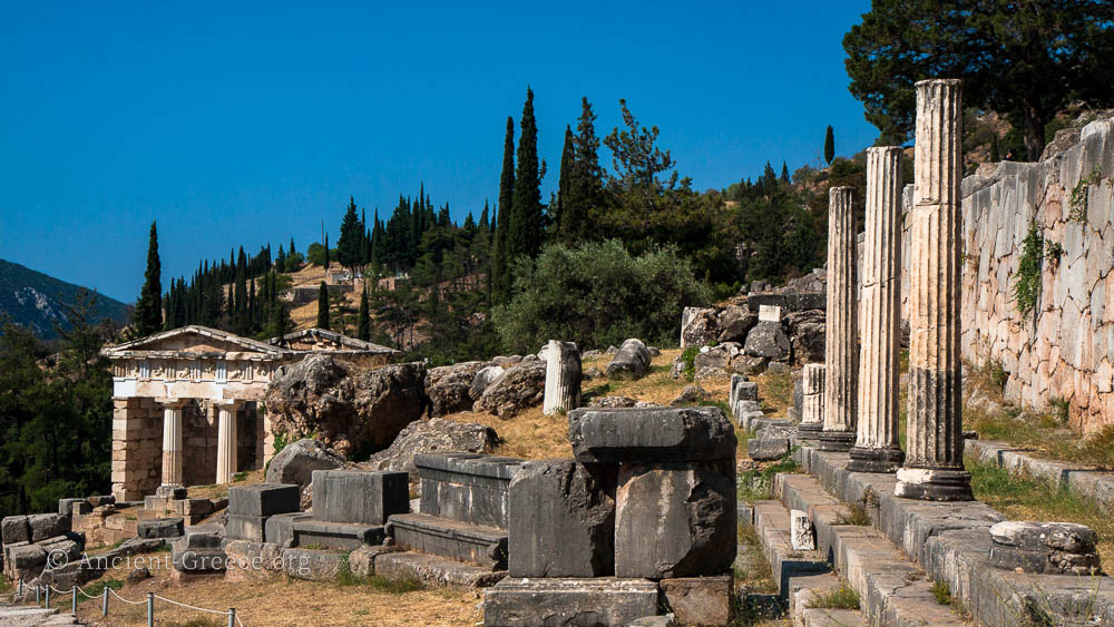 Ruins of the treasury and the stoa of Athens at Delphi Archaeological site