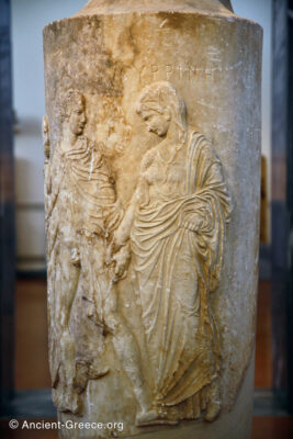 Relief sculpture of Hermes and Myrrhine on a stone lekythos