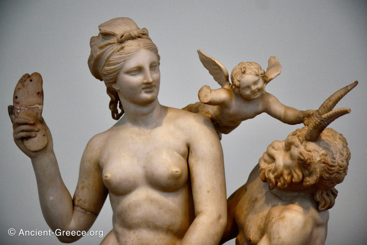 Aphrodite, Pan, and Eros statue detail