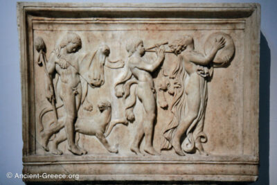 Maenad and two satyrs in a Dionysiac procession sculpture