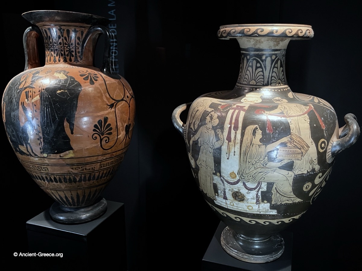 Greek black-figure amphora from the 6th c. BCE (left), and Red-figure hydria.