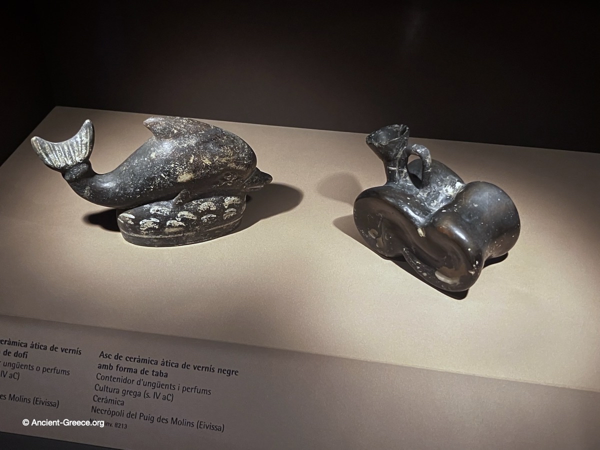 Dolphin-shaped black Attic ceramic statuette and perfume vessel