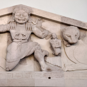 The Gorgo pediment from the temple of Artemis. Detail The Gorgo pediment from the temple of Artemis. Detail. 590 - 580 BCE.