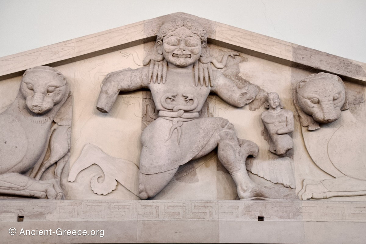 The Gorgo pediment from the temple of Artemis. Detail. 590 - 580 BCE.