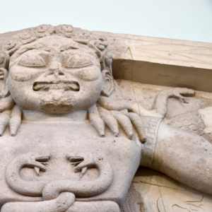 The Gorgo from below. Temple of Artemis, Corfu The Gorgo pediment from the temple of Artemis. Detail of Gorgon seen from below