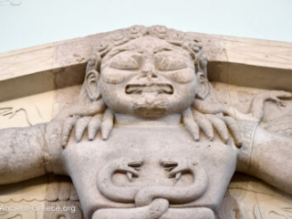 The Gorgo pediment from the temple of Artemis. Detail of Gorgon seen from below