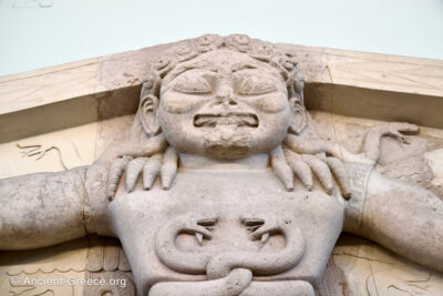 The Gorgo pediment from the temple of Artemis. Detail of Gorgon seen from below