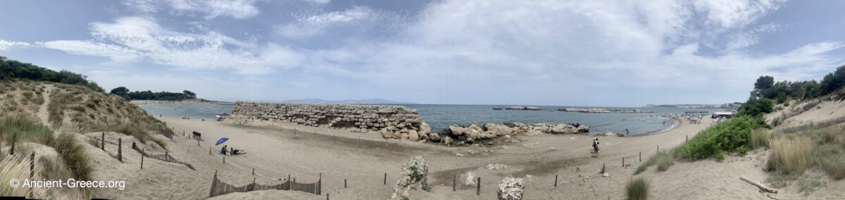 Panoramic view of Emporion mole and the adjacent harbors in Empúries, Catalonia, Spain