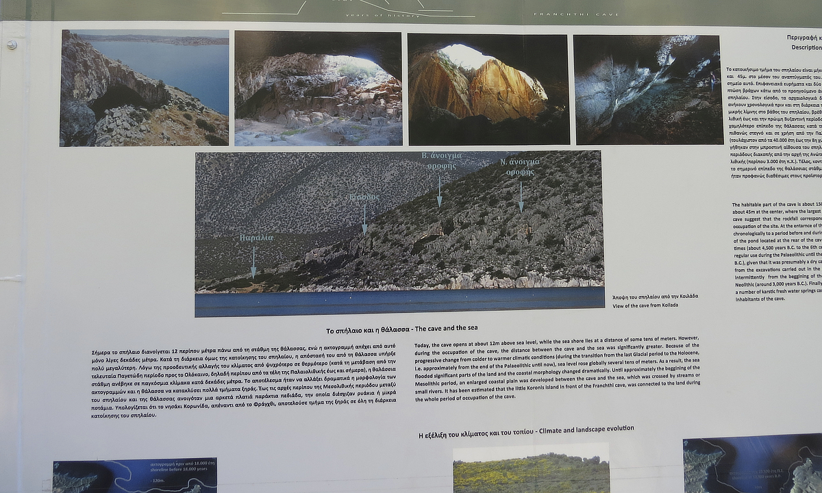 A public sign at the Franchthi cave provides information about the geography