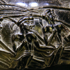 Harvester Vase (or Harvester Rhyton) detail of farm workers walking with sticks over their shoulders