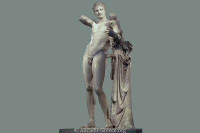 Hermes of Praxiteles marble statue front view at Olympia Museum