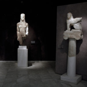 Kerameikos Museum: Sacred Gate Kouros and Sphinx sculpture of kouros and two sphinxes