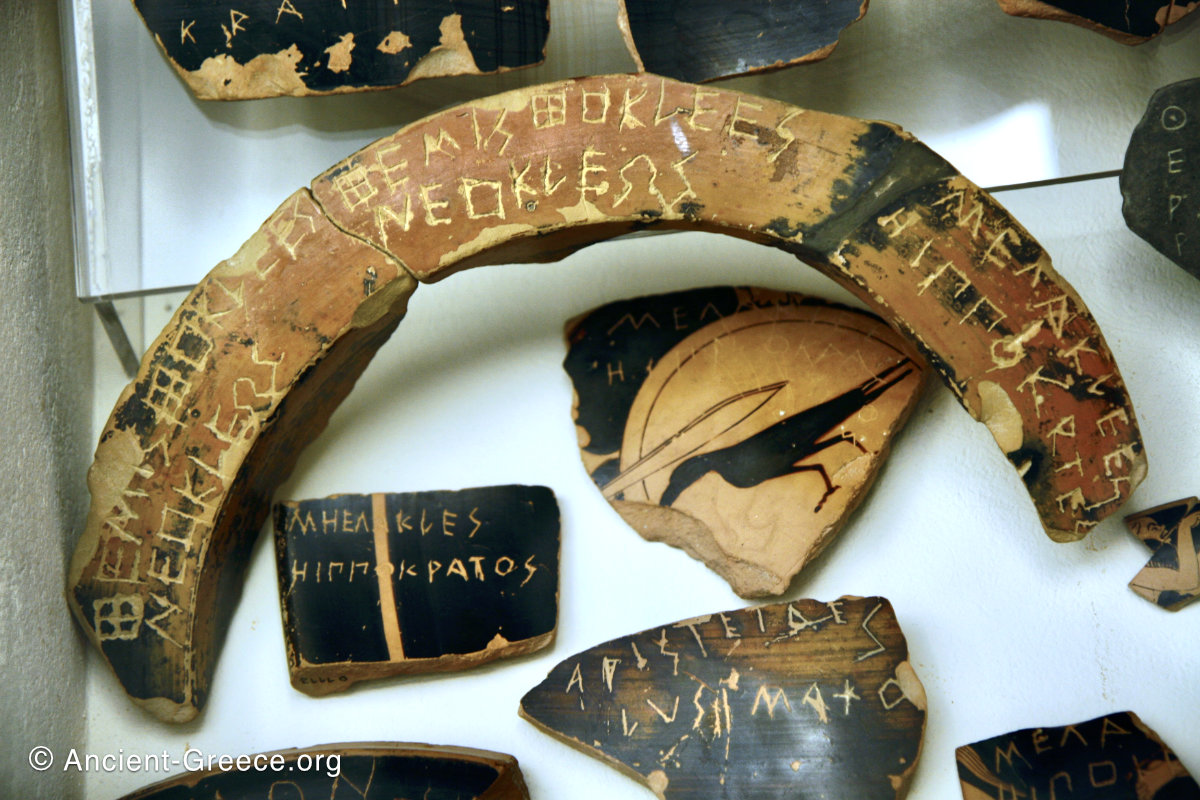 Ostraka with the names of famous Greek persons