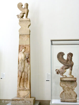 Ancient Greek Stele topped with a sphinx and a sphinx