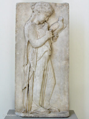 Grave stele of girl kissing her pet doves