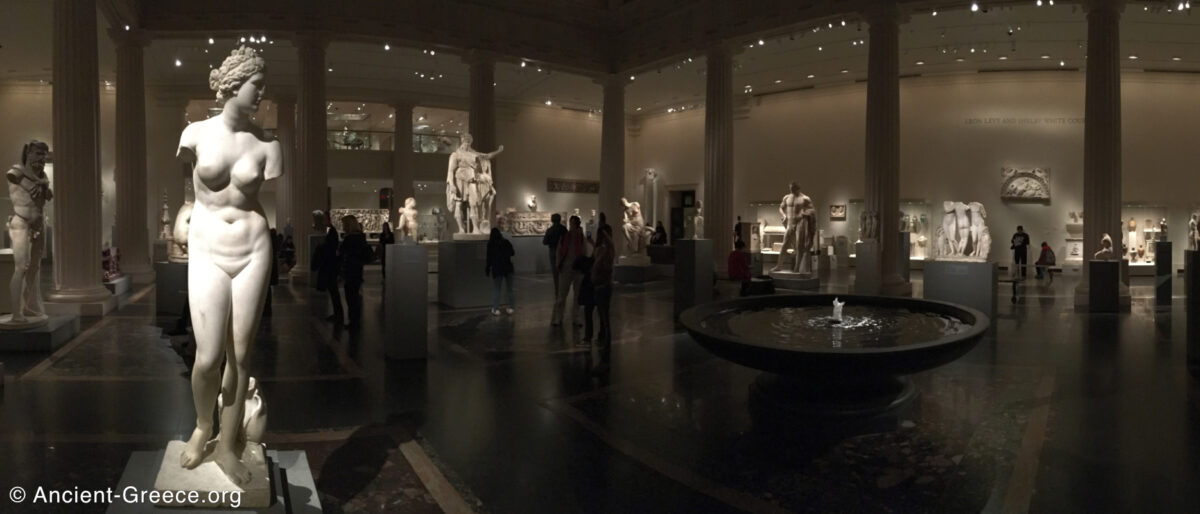 Metropolitan Museum of Art exhibition hall with ancient Greek sculptures. General view