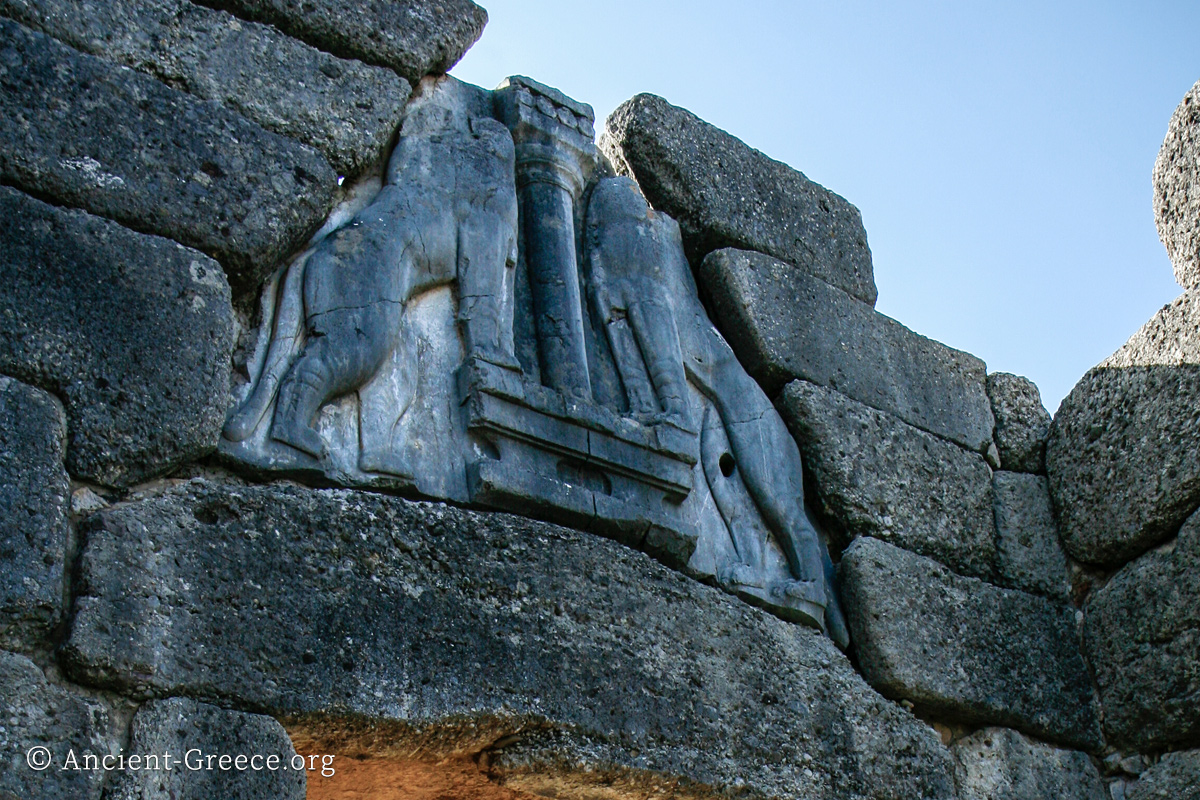 Relief sculpture of two lions above the main gate of Mycenae citadel