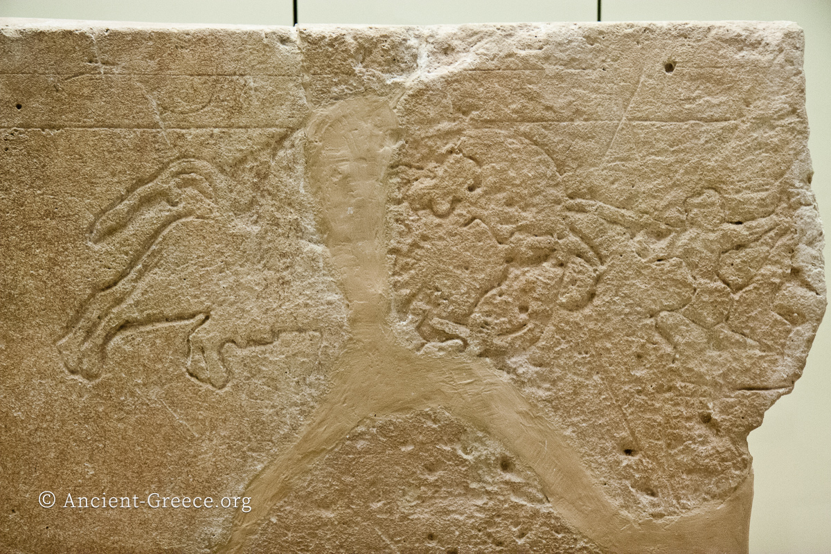 Mycenae Grave Circle B: Grave stele from Grave Α Bull hunt incised on stone