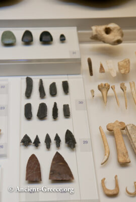 Stone arrows, stone and bone tools, from Franchthi cave.