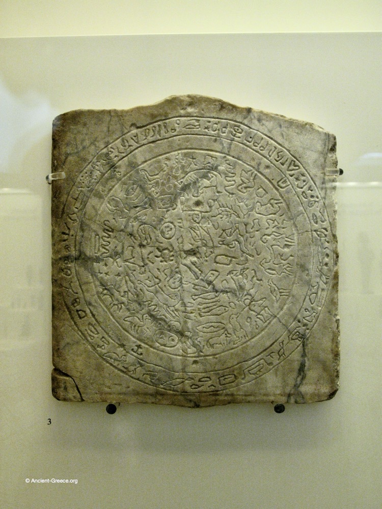 Marble plaque with the zodiac wheel inscribed.