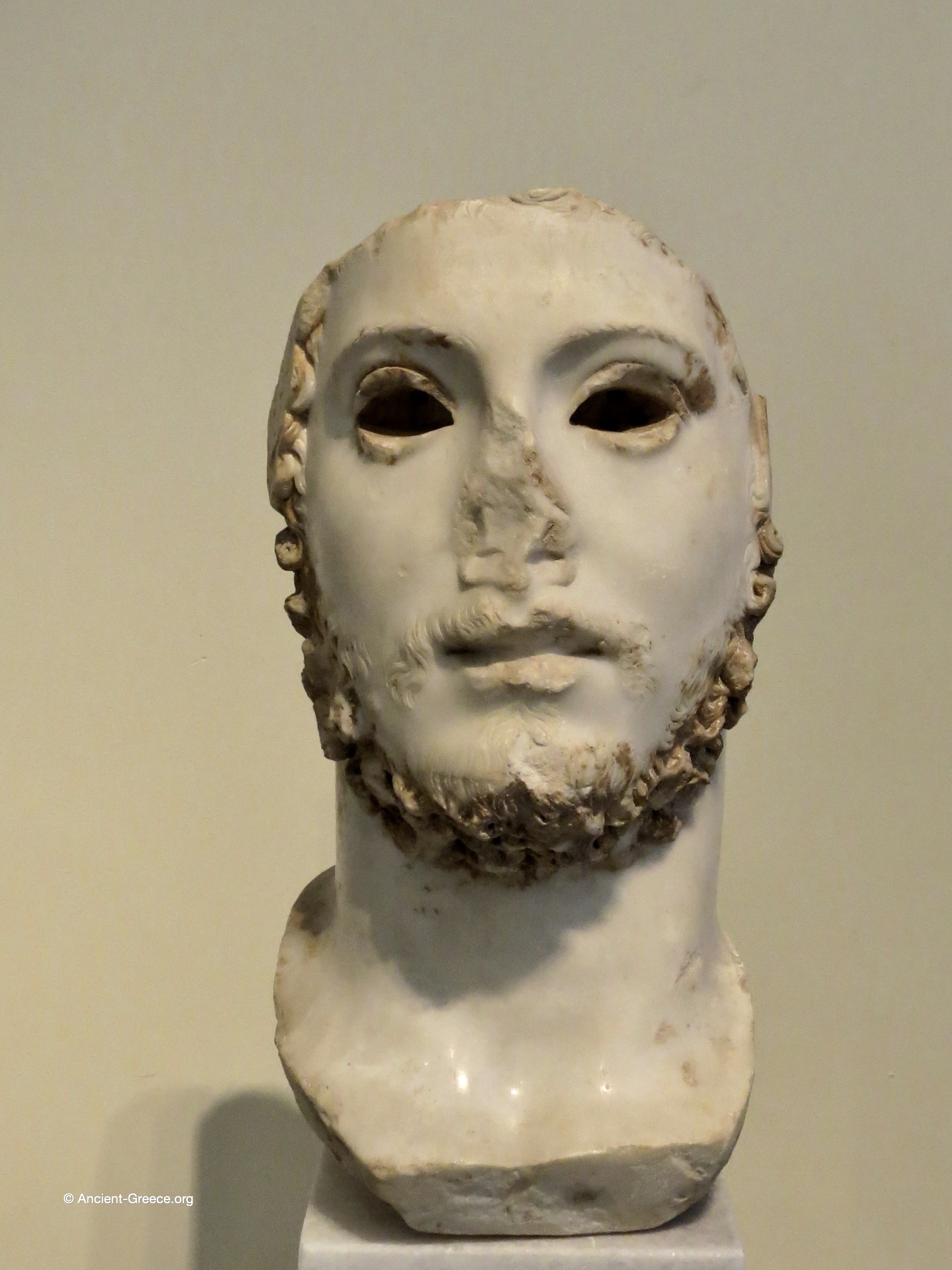 Marble Portrait head of a young man Ancient Greek art on exhibit in the National Archaeological Museum in Athens, Greece.