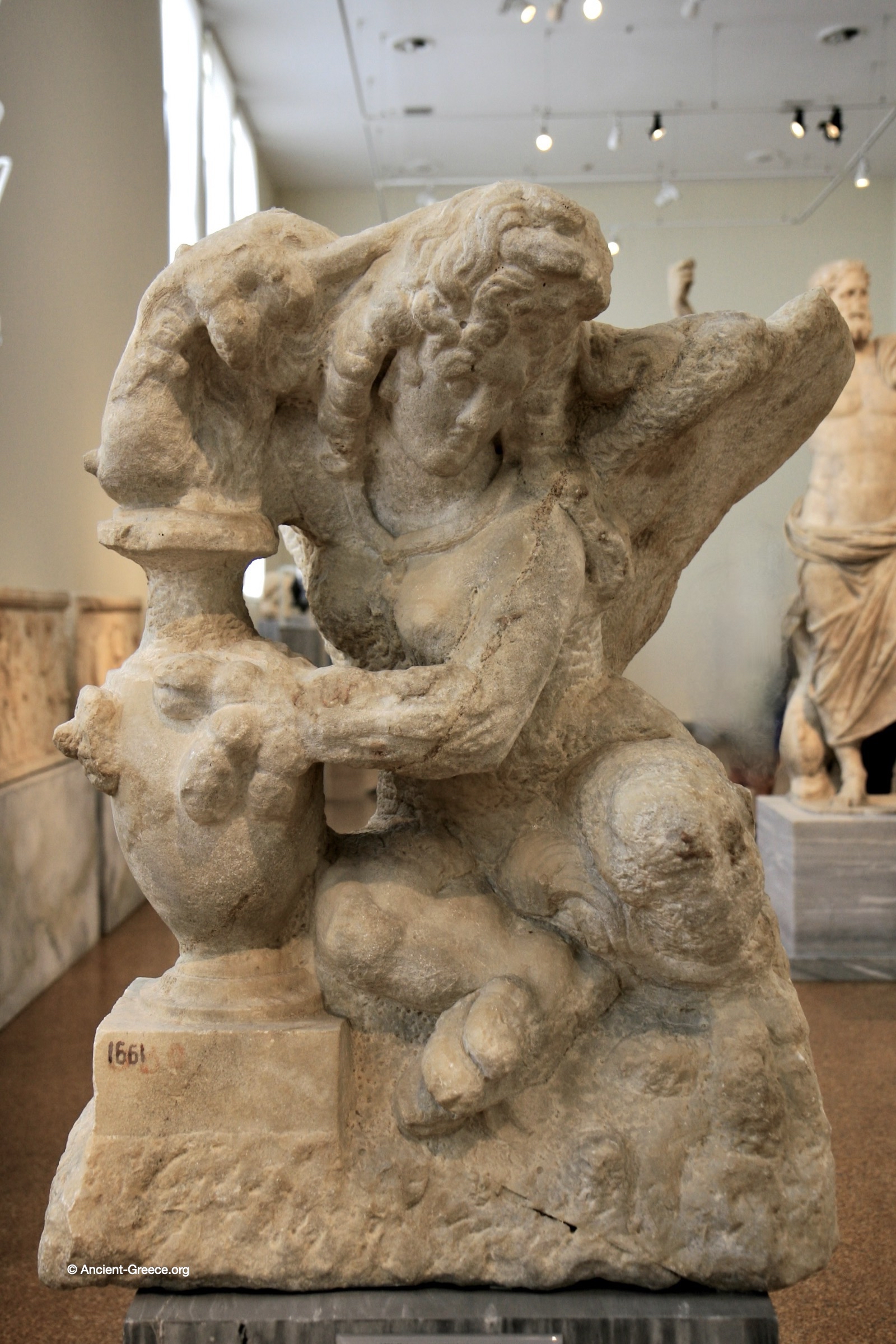 Ancient Greek art on exhibit in the National Archaeological Museum in Athens, Greece. Unfinished funerary statue of a sphinx.