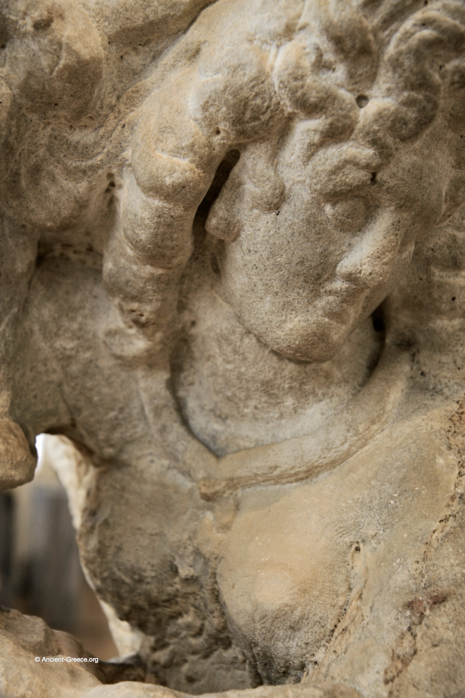 Ancient Greek art on exhibit in the National Archaeological Museum in Athens, Greece. Unfinished funerary statue of a sphinx.