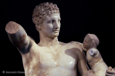 Hermes of Praxiteles marble statue detail at Olympia Museum