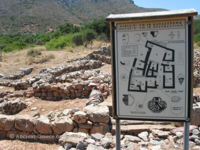 View of House N with a sign showing the Late Minoan IB destruction