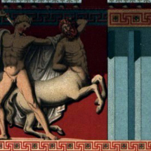 Parthenon Metopes - Color Compare Reconstruction of Parthenon metope. South XXVII, showing how it might have looked in ancient times, when temples were vividly colored.