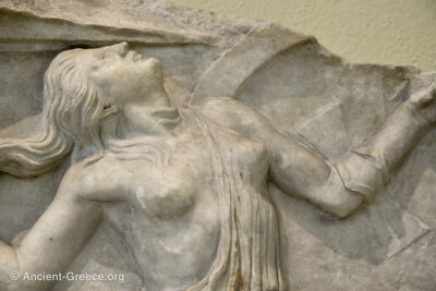 Relief sculpture detail of an Amazon being captured