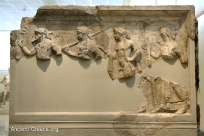 relief sculpture of Hermes, Athena, Apollo and Artemis