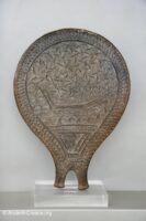 Clay frying-pan vessel with incised decoration of a ship