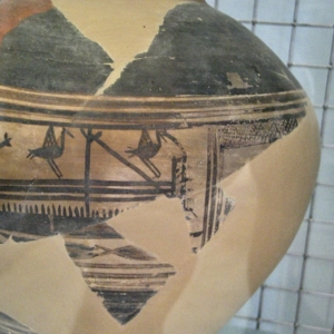 Vase fragment painted with ancient boat and birds. Vase fragment painted with ancient boat and birds.