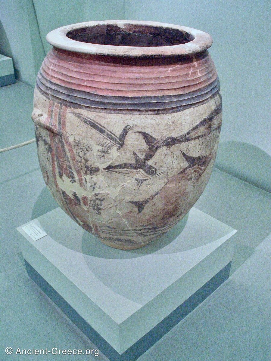 Thera Prehistoric Museum Ceramic vessel with birds and dolphins.