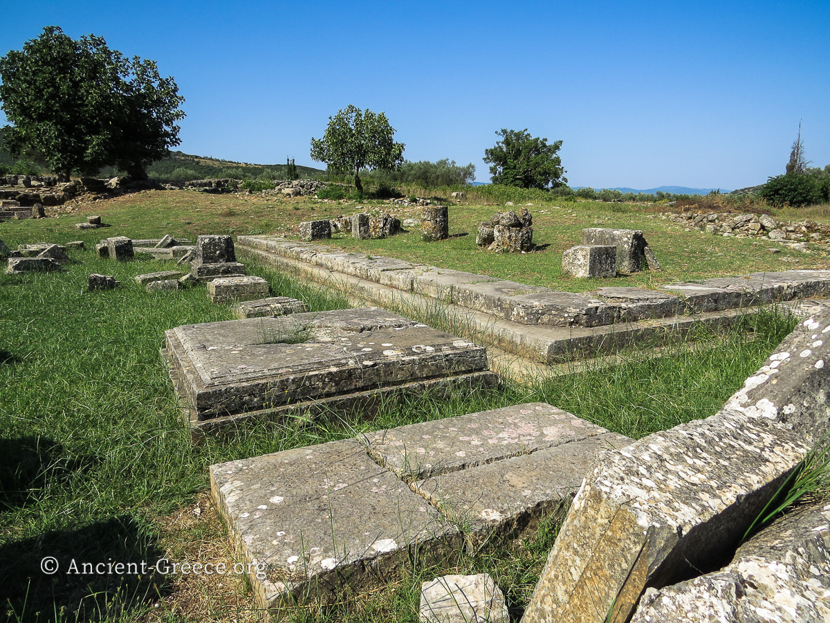 The ruins of the ancient south Stoa at Thermon