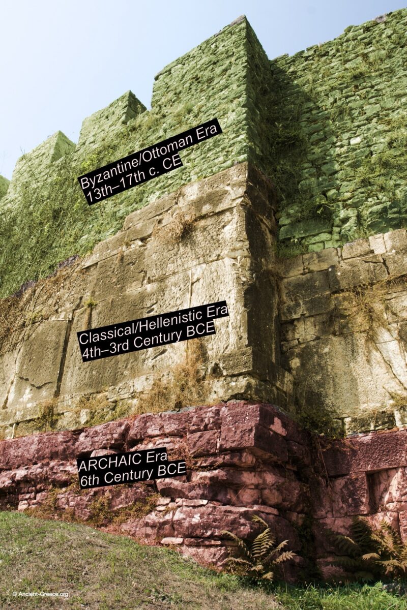 Photograph of the Castle of Arta wall annotated to show three chronological layers: 13th-century Byzantine on top, 4th-century BCE Hellenistic isodomic blocks in the middle, and 6th-century BCE Archaic footers at the base.